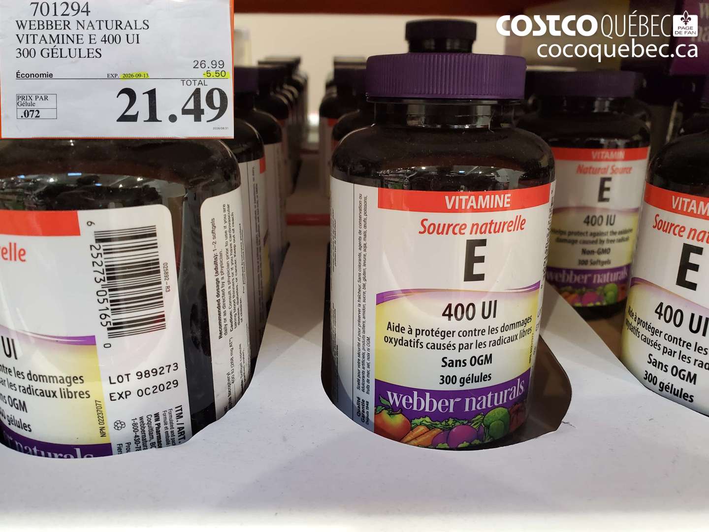 701294 WEBBER NATURALS VITAMINE E 400 UI 300 GÉLULES ($5.50 INSTANT SAVINGS EXPIRES ON 2026-09-13) $21.49