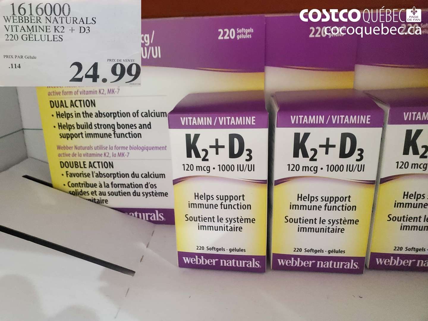 1616000 WEBBER NATURALS VITAMINE K2 + D3 220 GÉLULES $24.99