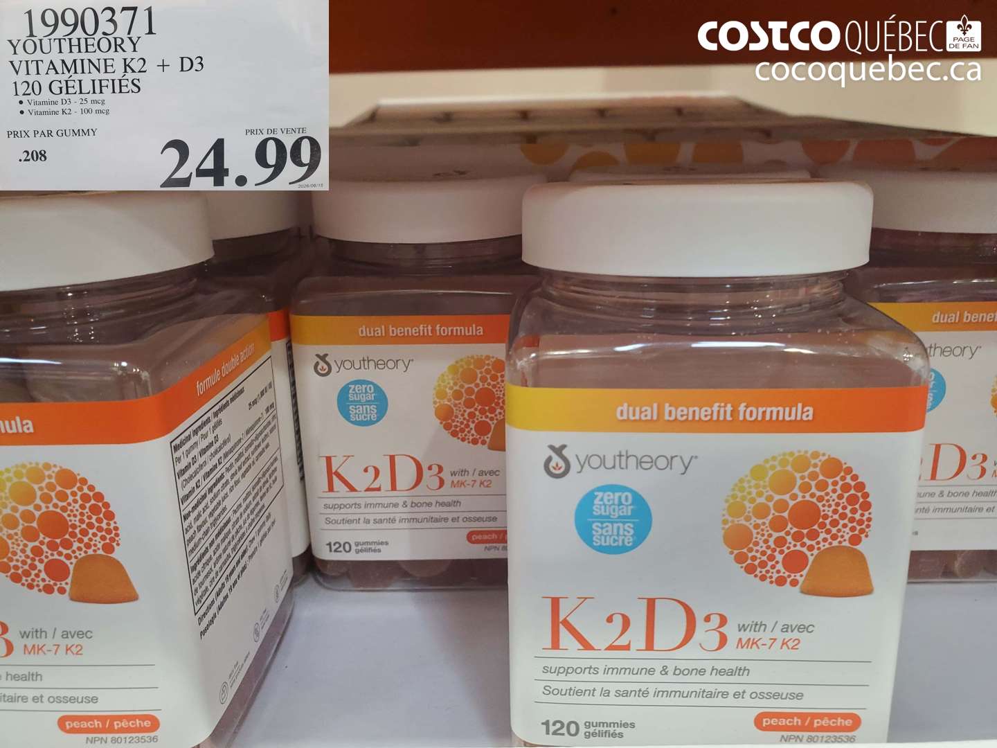 1990371 YOUTHEORY VITAMINE K2 + D3 120 GÉLIFIÉS $24.99