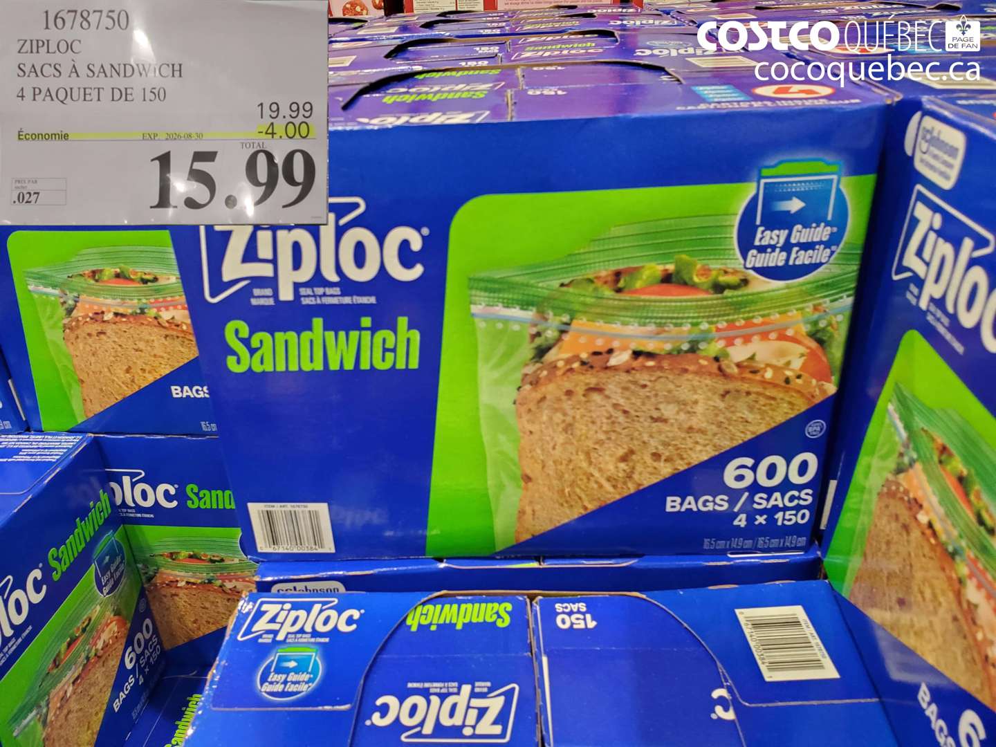 1678750 ZIPLOC SACS À SANDWICH 4 PAQUET DE 150 ($4.00 INSTANT SAVINGS EXPIRES ON 2026-08-30) $15.99