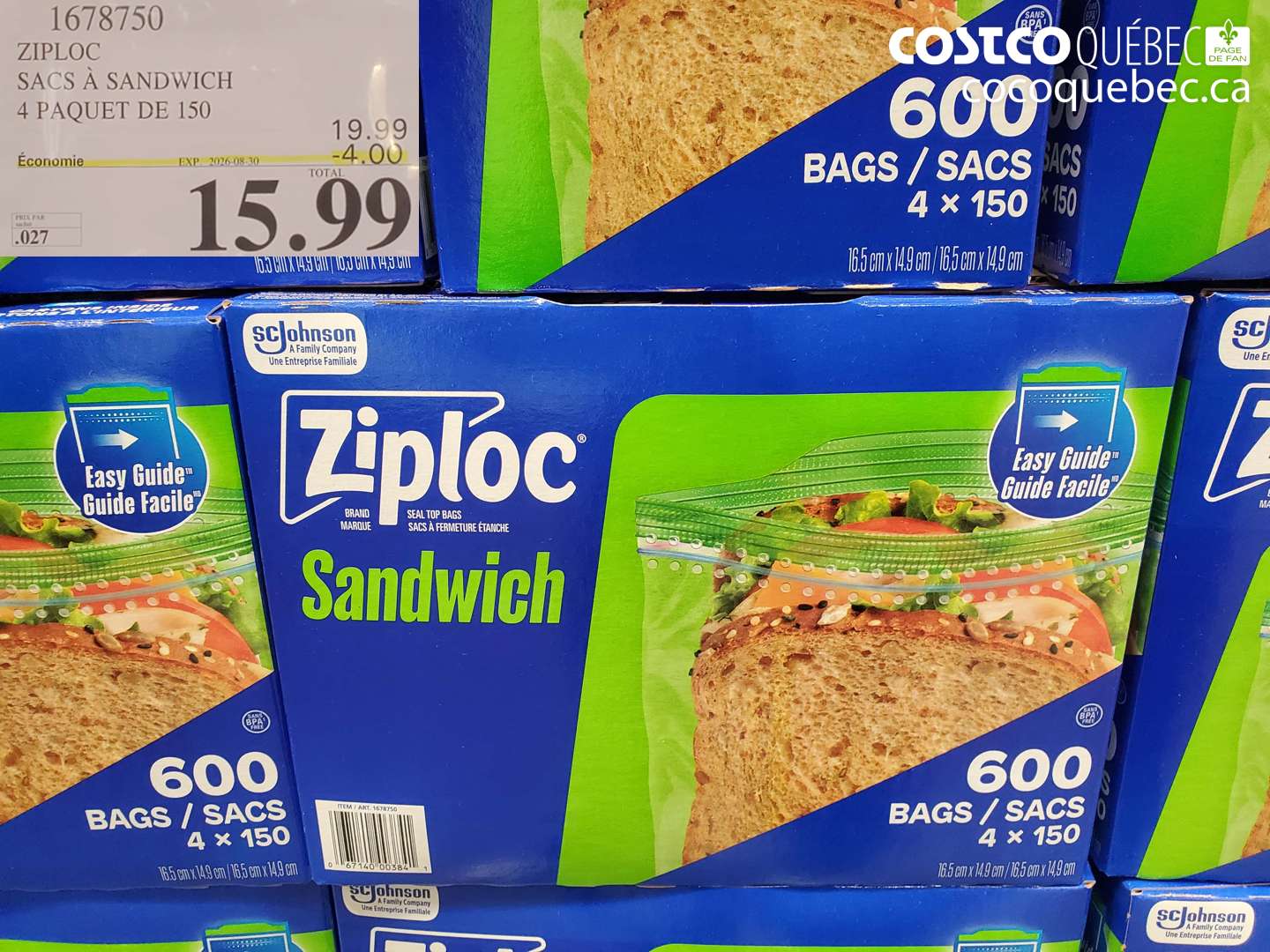 1678750 ZIPLOC SACS À SANDWICH 4 PAQUET DE 150 ($4.00 INSTANT SAVINGS EXPIRES ON 2026-08-30) $15.99