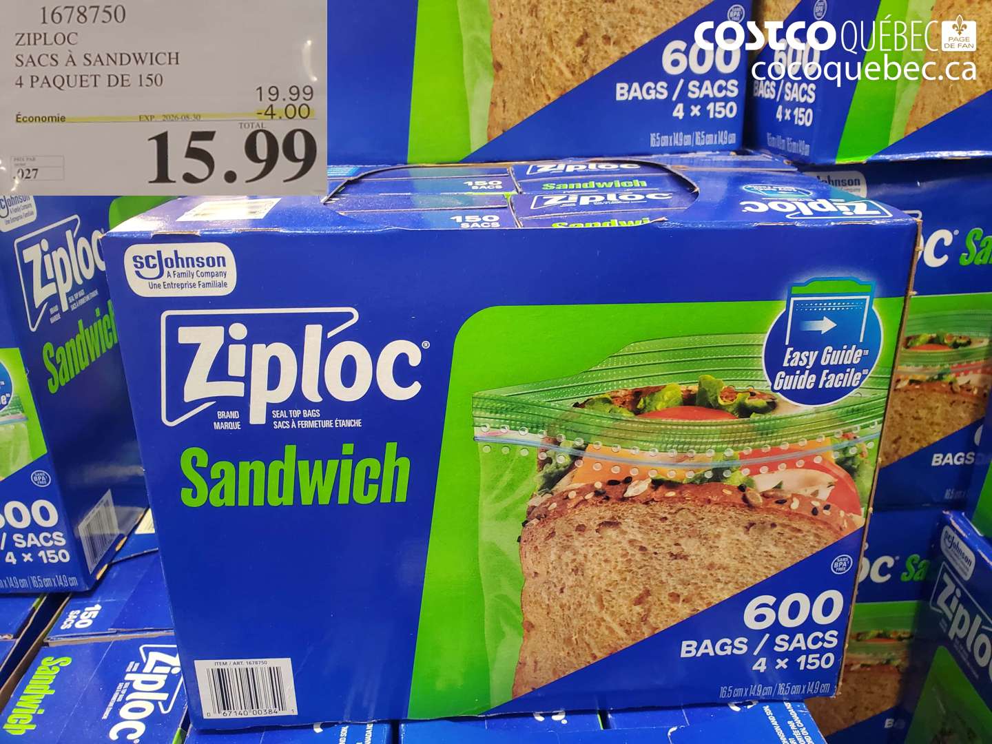 1678750 ZIPLOC SACS À SANDWICH 4 PAQUET DE 150 ($4.00 INSTANT SAVINGS EXPIRES ON 2026-08-30) $15.99