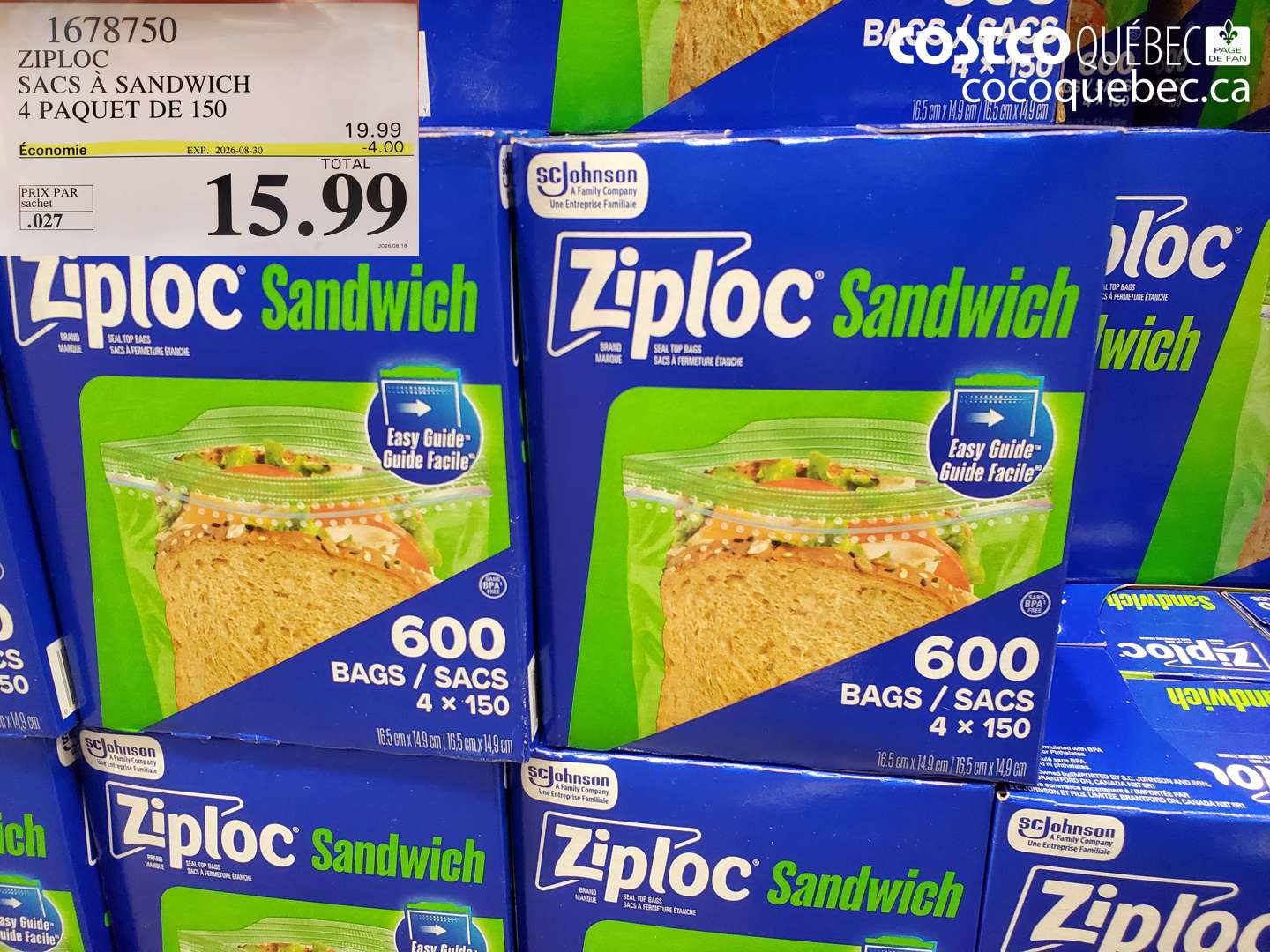 1678750 ZIPLOC SACS À SANDWICH 4 PAQUET DE 150 ($4.00 INSTANT SAVINGS EXPIRES ON 2026-08-30) $15.99