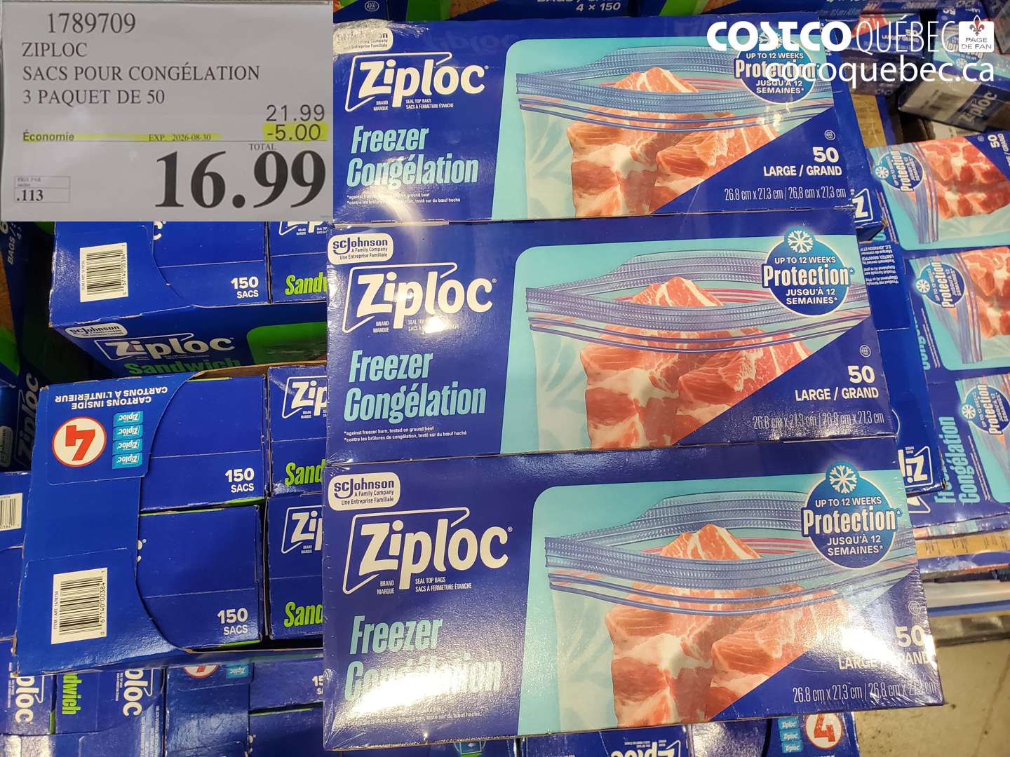 1789709 ZIPLOC SACS POUR CONGÉLATION 3 PAQUET DE 50 ($5.00 INSTANT SAVINGS EXPIRES ON 2026-08-30) $16.99