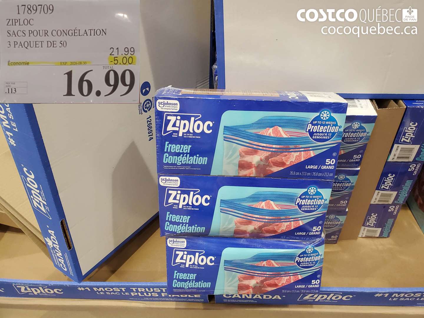 1789709 ZIPLOC SACS POUR CONGÉLATION 3 PAQUET DE 50 ($5.00 INSTANT SAVINGS EXPIRES ON 2026-08-30) $16.99