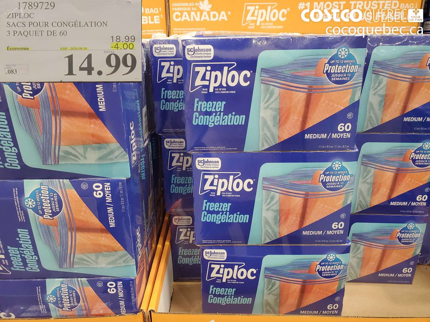 1789729 ZIPLOC SACS POUR CONGÉLATION 3 PAQUET DE 60 ($4.00 INSTANT SAVINGS EXPIRES ON 2026-05-30) $14.99