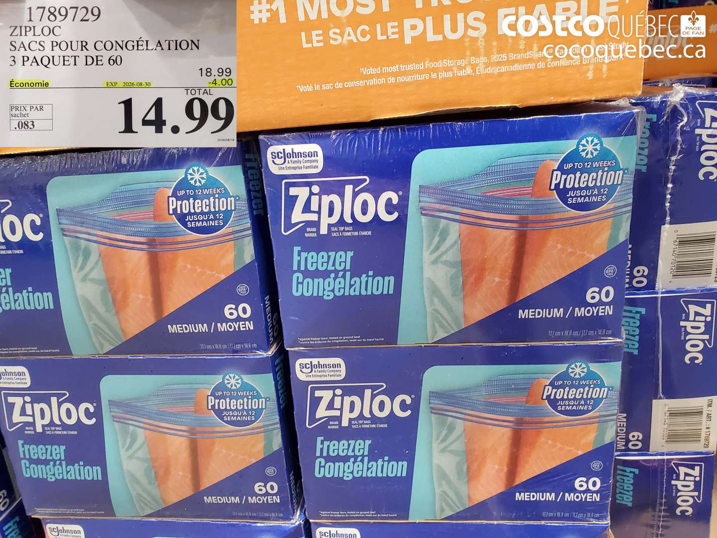 1789729 ZIPLOC SACS POUR CONGÉLATION 3 PAQUET DE 60 ($4.00 INSTANT SAVINGS EXPIRES ON 2026-08-30) $14.99