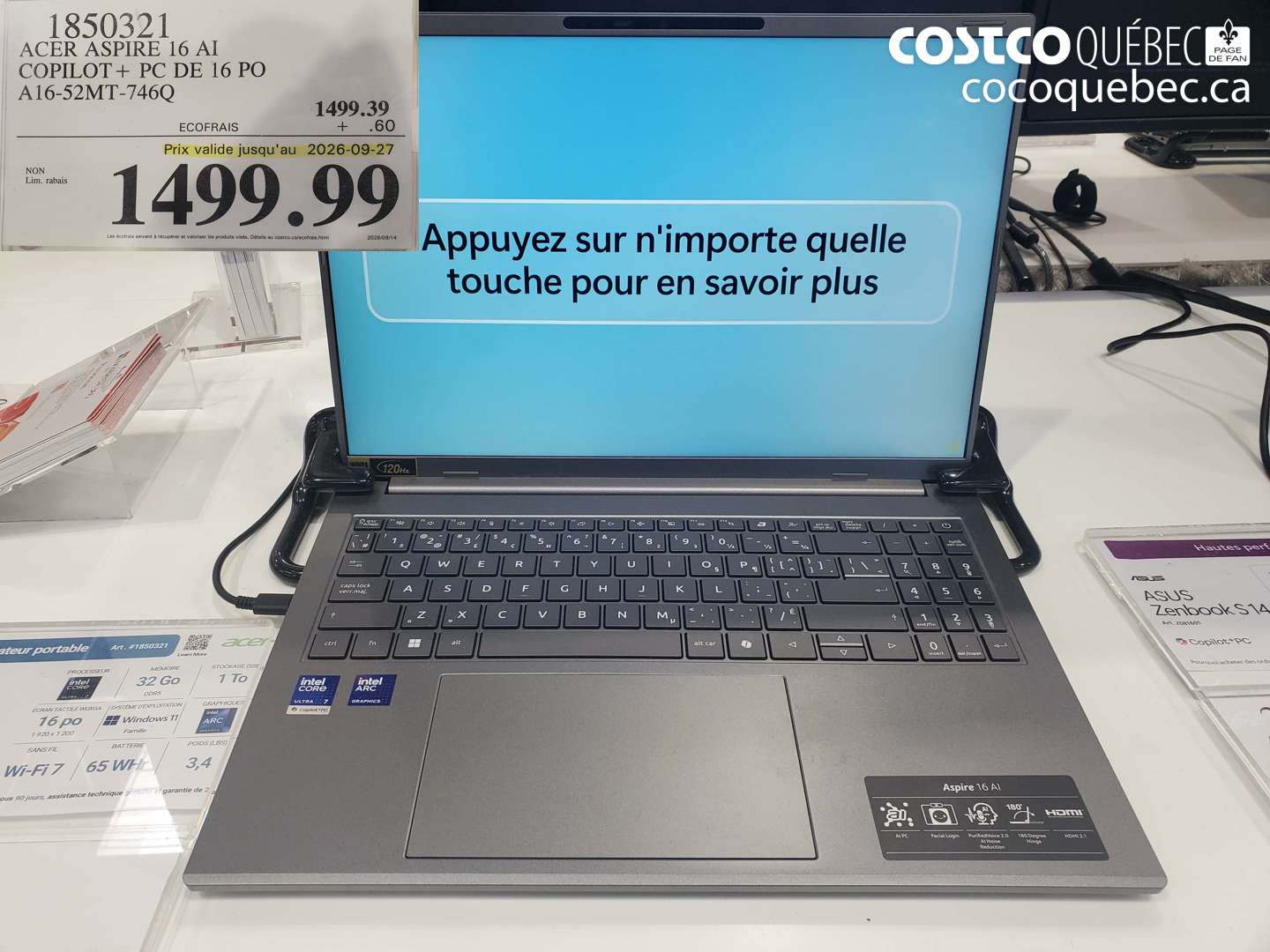 1850321 ACER ASPIRE 16 AI COPILOT + PC DE 16 PO A16-52MT-746Q (EXPIRES ON 2026-09-27) $1499.99