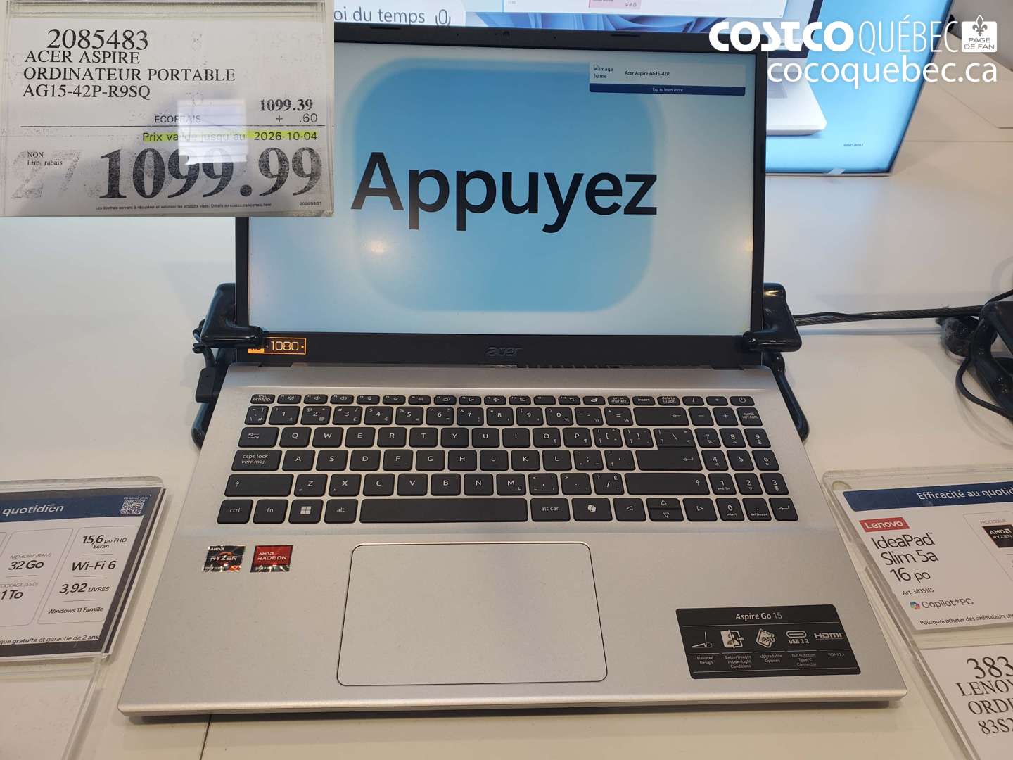 2085483 ACER ASPIRE ORDINATEUR PORTABLE AG15-42P-R9SQ (EXPIRES ON 2026-10-04) $1099.99