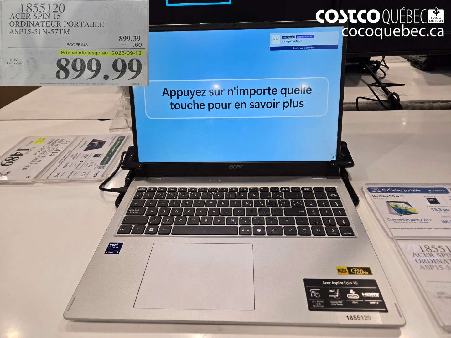 1855120 ACER SPIN 15 ORDINATEUR PORTABLE ASP15-51N-57TM (EXPIRES ON 2026-09-13) $899.99