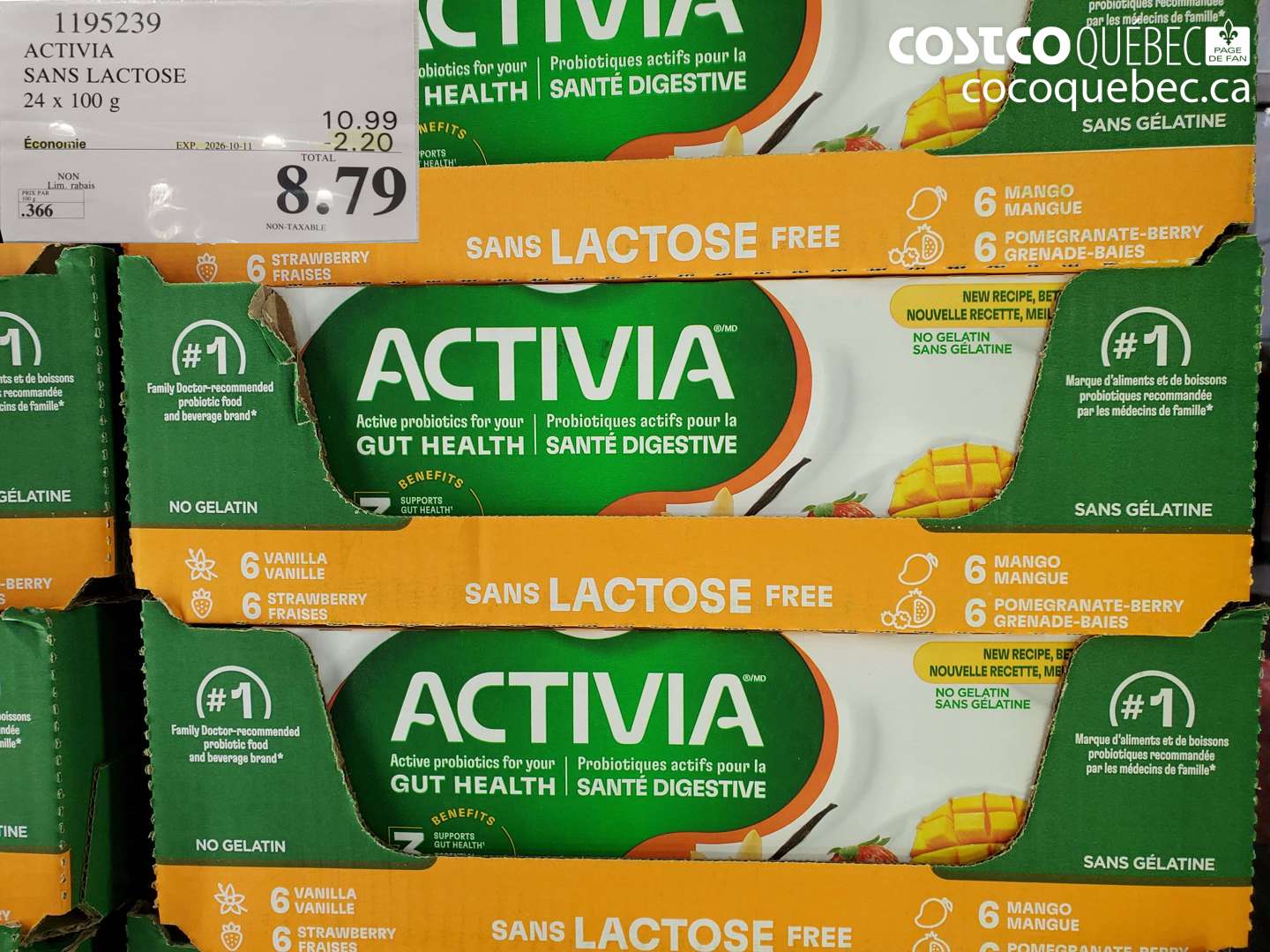 1195239 ACTIVIA SANS LACTOSE 24 X 100 G ($2.20 INSTANT SAVINGS EXPIRES ON 2026-10-11) $8.79