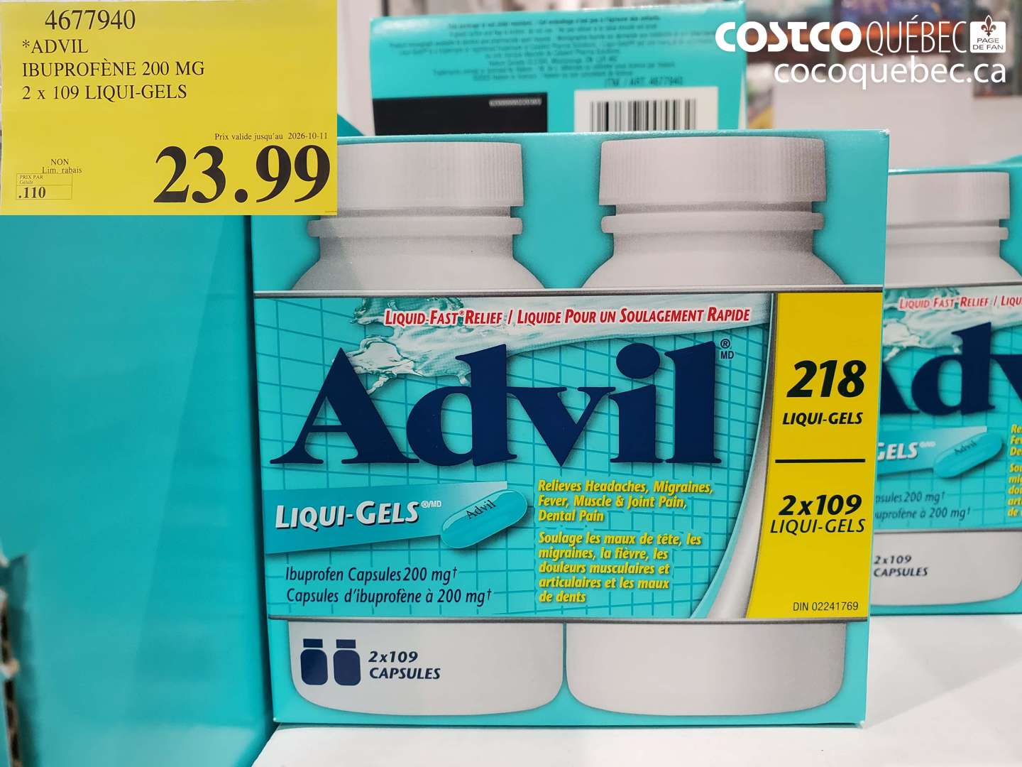 4677940 ADVIL IBUPROFÈNE 200 MG 2 X 109 LIQUI-GELS (EXPIRES ON 2026-10-11) $23.99