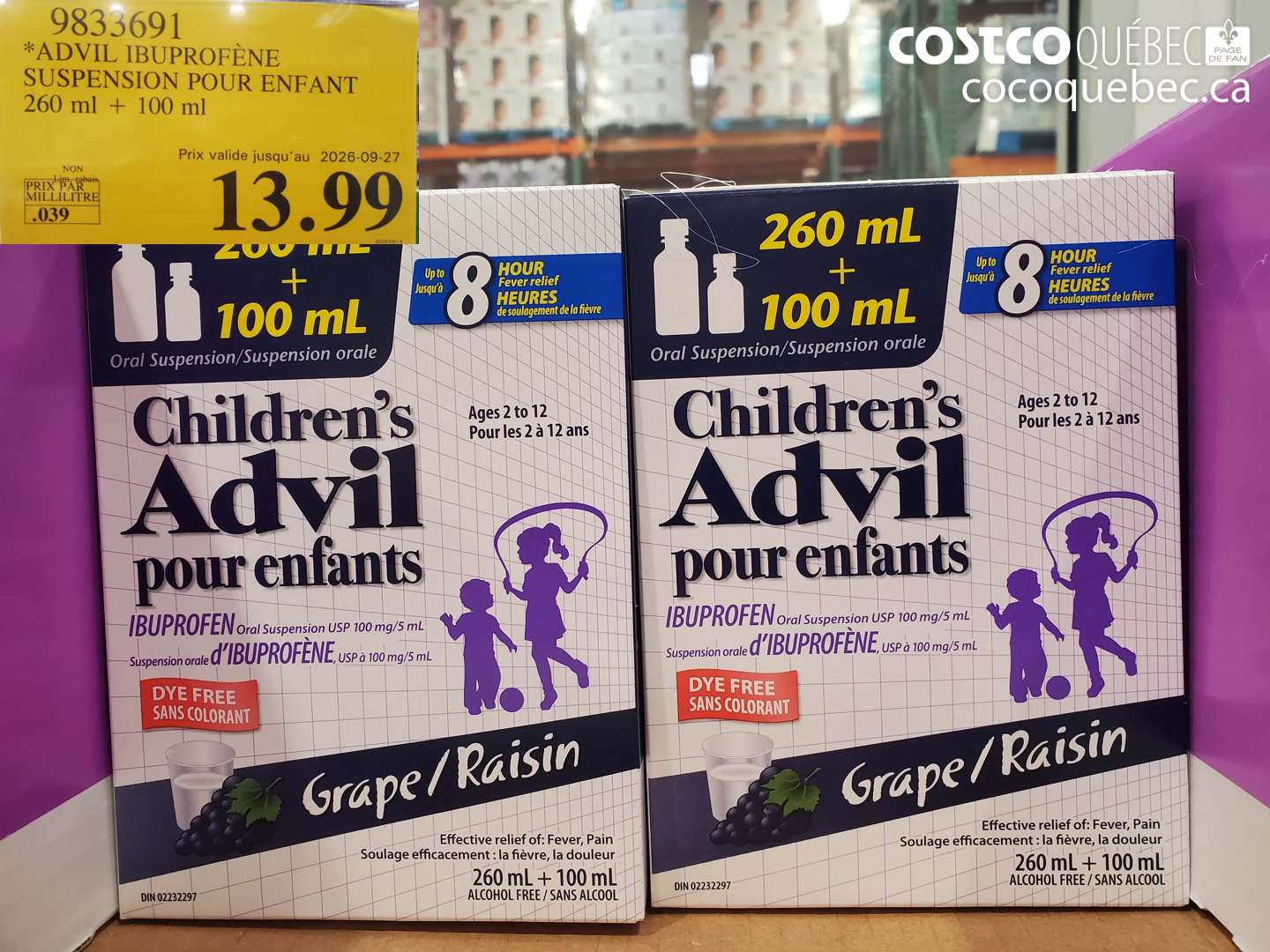 9833691 ADVIL IBUPROFÈNE SUSPENSION POUR ENFANT 260 ML + 100 ML (EXPIRES ON 2026-09-27) $13.99