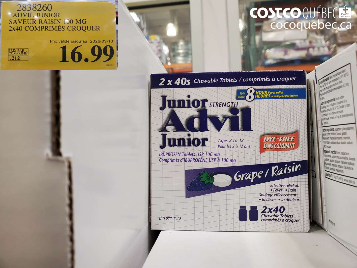 2838260 ADVIL JUNIOR SAVEUR RAISIN 100 MG 2X40 COMPRIMÉS CROQUER (EXPIRES ON 2026-09-13) $16.99