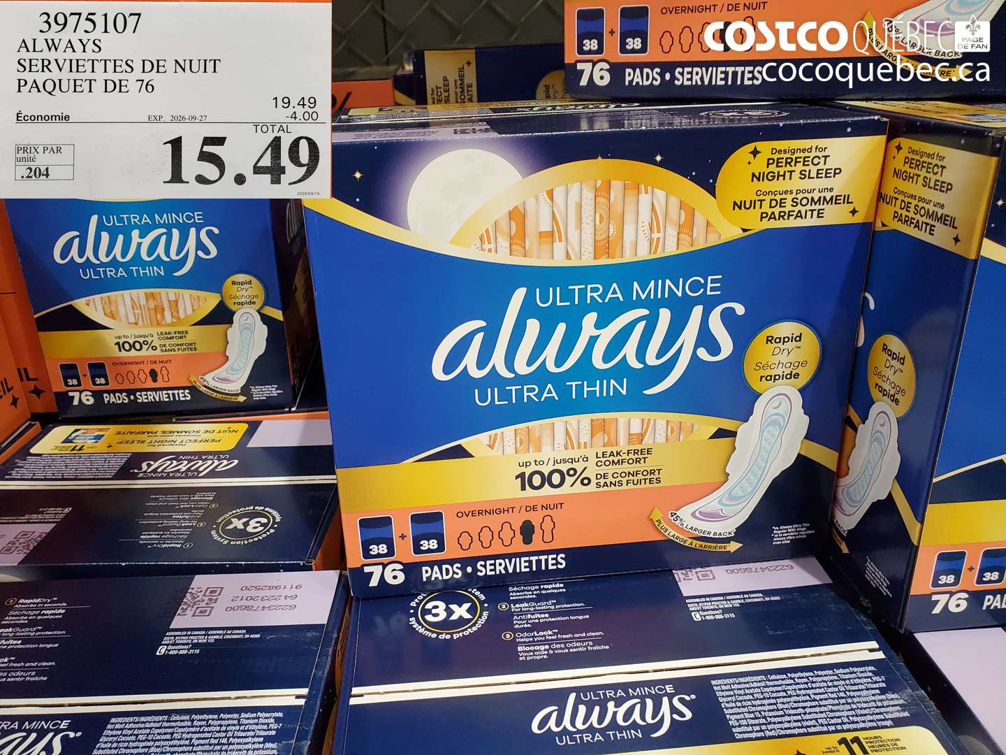 3975107 ALWAYS SERVIETTES DE NUIT PAQUET DE 76 ($4.00 INSTANT SAVINGS EXPIRES ON 2026-09-27) $15.49