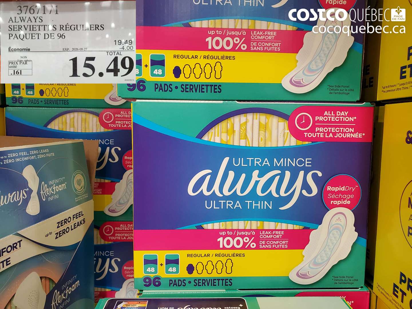 3767171 ALWAYS SERVIETTES RÉGULIERS PAQUET DE 96 ($4.00 INSTANT SAVINGS EXPIRES ON 2026-09-27) $15.49