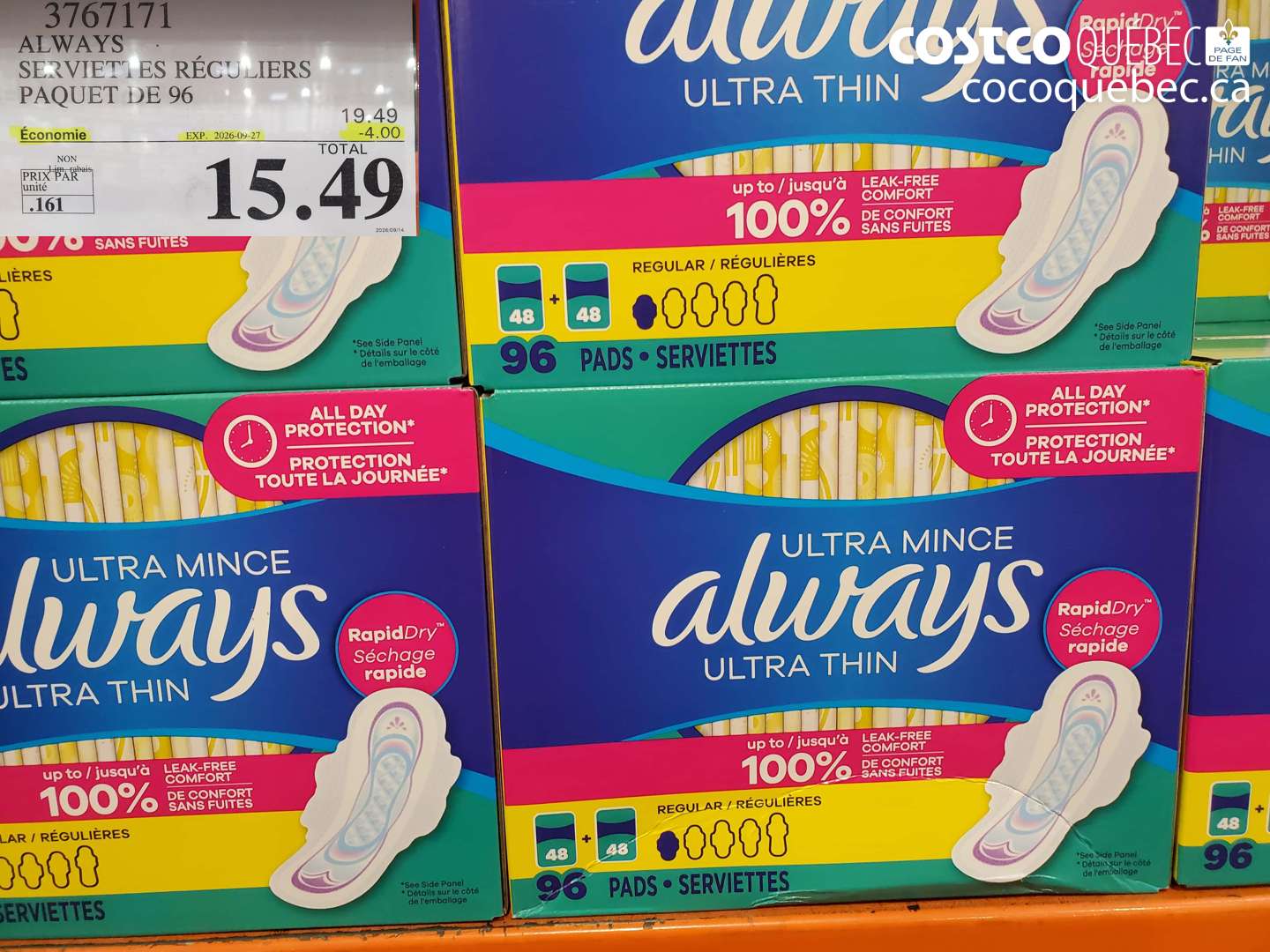 3767171 ALWAYS SERVIETTES RÉGULIERS PAQUET DE 96 ($4.00 INSTANT SAVINGS EXPIRES ON 2026-09-27) $15.49