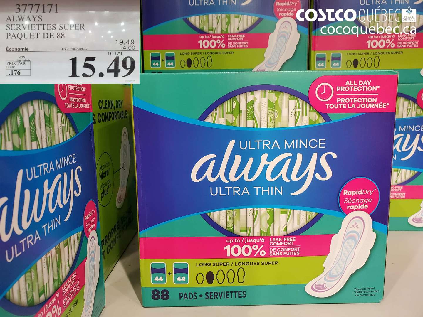 3777171 ALWAYS SERVIETTES SUPER PAQUET DE 88 ($4.00 INSTANT SAVINGS EXPIRES ON 2026-09-27) $15.49