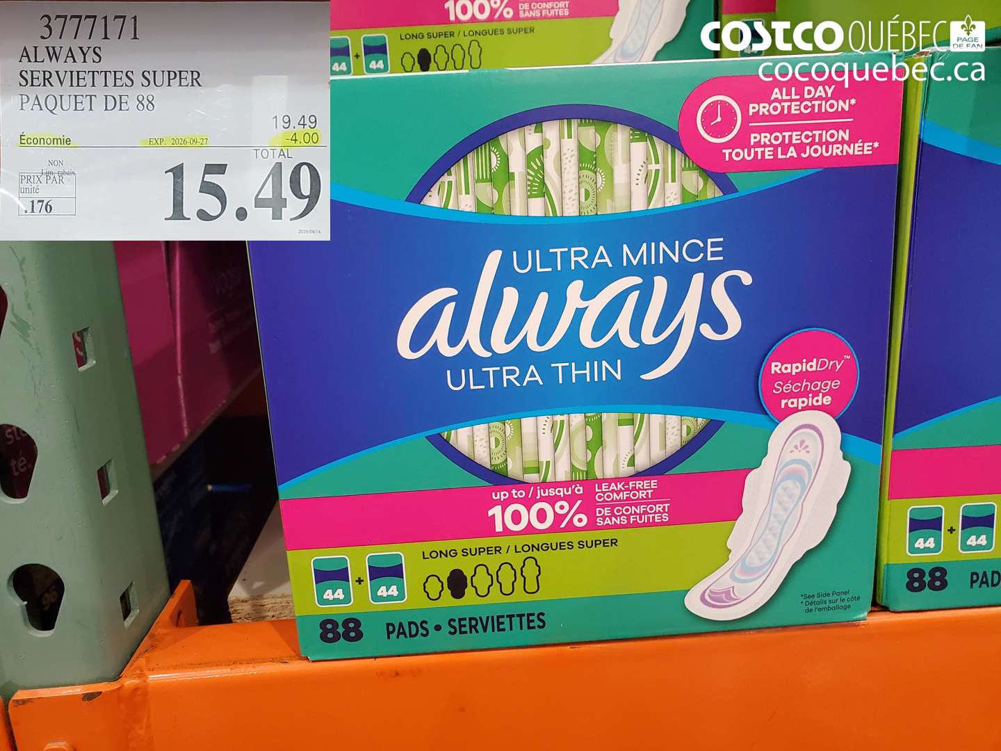 3777171 ALWAYS SERVIETTES SUPER PAQUET DE 88 ($4.00 INSTANT SAVINGS EXPIRES ON 2026-09-27) $15.49