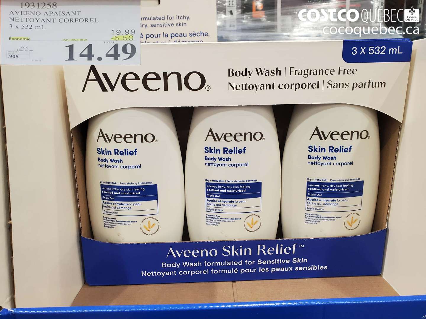 1931258 AVEENO APAISANT NETTOYANT CORPOREL 3 X 532 ML ($5.50 INSTANT SAVINGS EXPIRES ON 2026-10-25) $14.49
