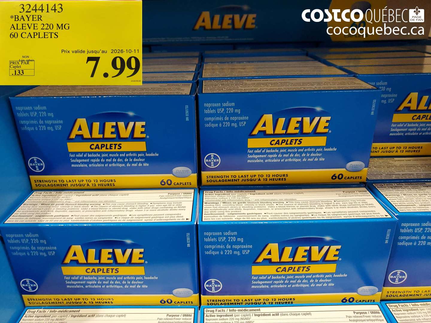 3244143 BAYER ALEVE 220 MG 60 CAPLETS (EXPIRES ON 2026-10-11) $7.99