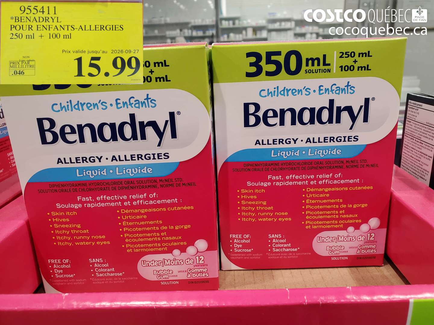 955411 BENADRYL POUR ENFANTS-ALLERGIES 250 ML + 100 ML (EXPIRES ON 2026-09-27) $15.99