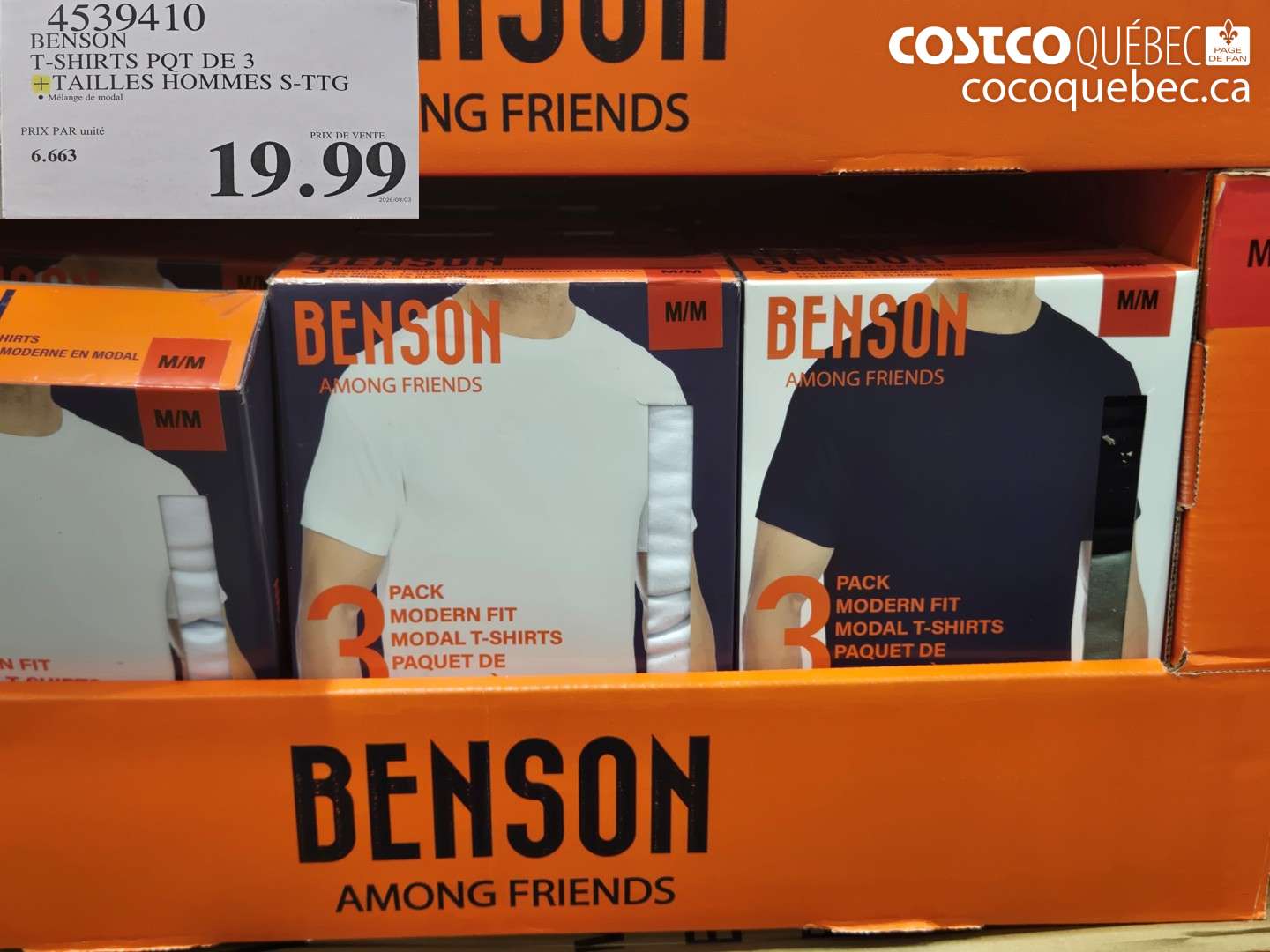 4539410 BENSON T-SHIRTS PQT DE 3 TAILLES HOMMES S-TTG $19.99