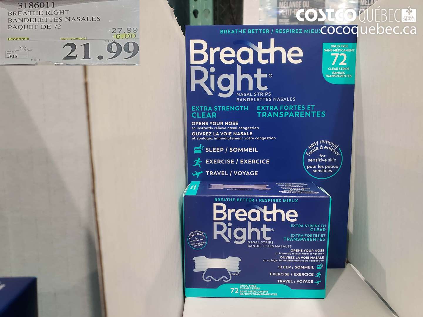 3186011 BREATHE RIGHT BANDELETTES NASALES PAQUET DE 72 ($6.00 INSTANT SAVINGS EXPIRES ON 2026-10-25) $21.99