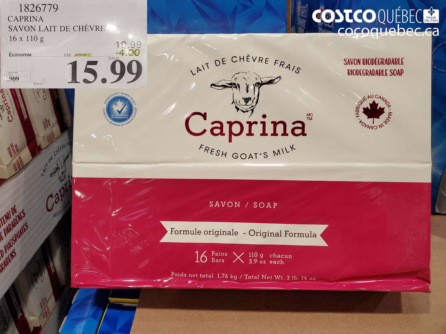 1826779 CAPRINA SAVON LAIT DE CHÈVRE 16 X 110 G ($4.00 INSTANT SAVINGS EXPIRES ON 2026-09-27) $15.99