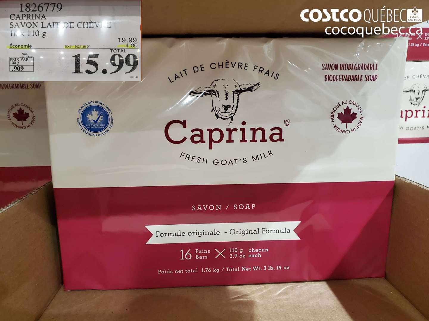 1826779 CAPRINA SAVON LAIT DE CHEVRE ($4.00 INSTANT SAVINGS EXPIRES ON 2026-10-04) $15.99