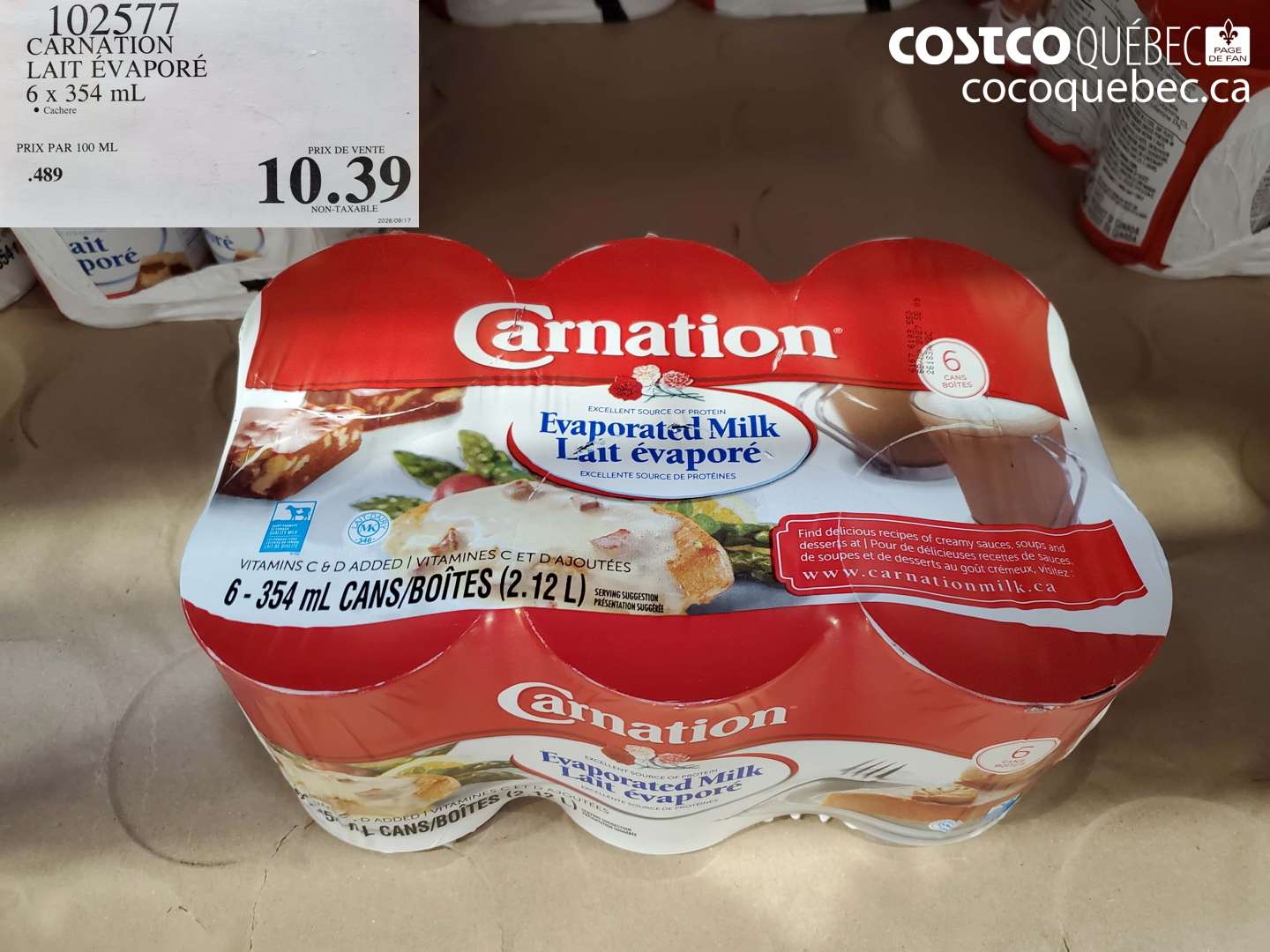 102577 CARNATION LAIT ÉVAPORÉ 6 X 354 ML $10.39