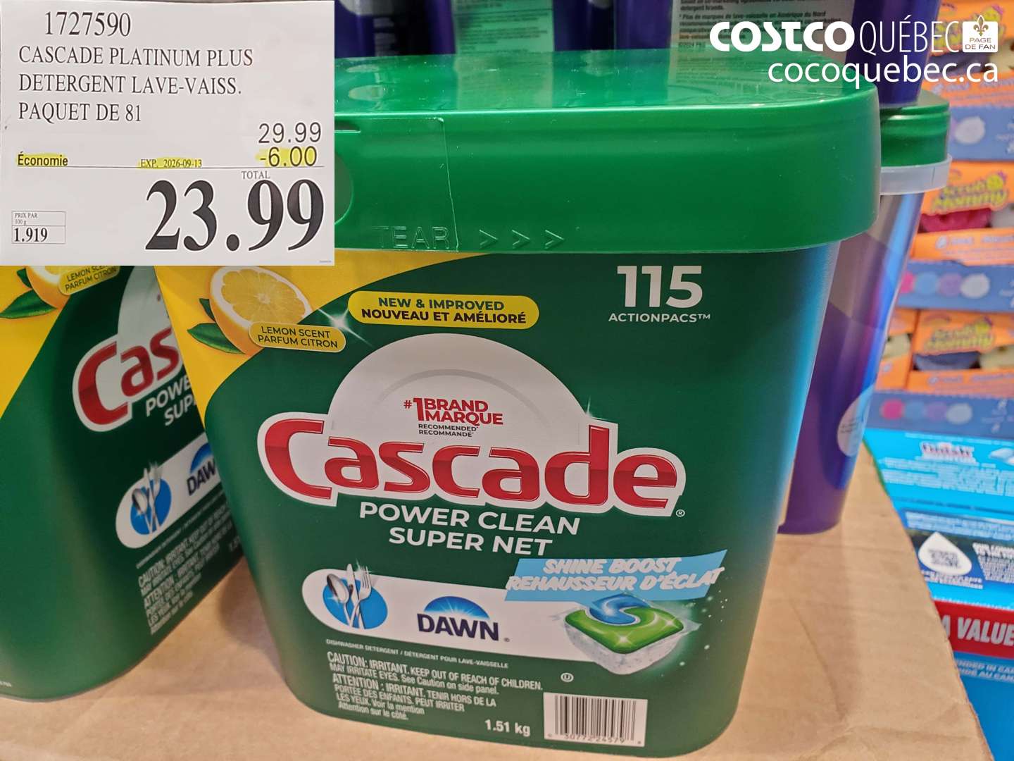 1727590 CASCADE PLATINUM PLUS DETERGENT LAVE-VAISS. PAQUET DE 81 ($6.00 INSTANT SAVINGS EXPIRES ON 2026-09-13) $23.99