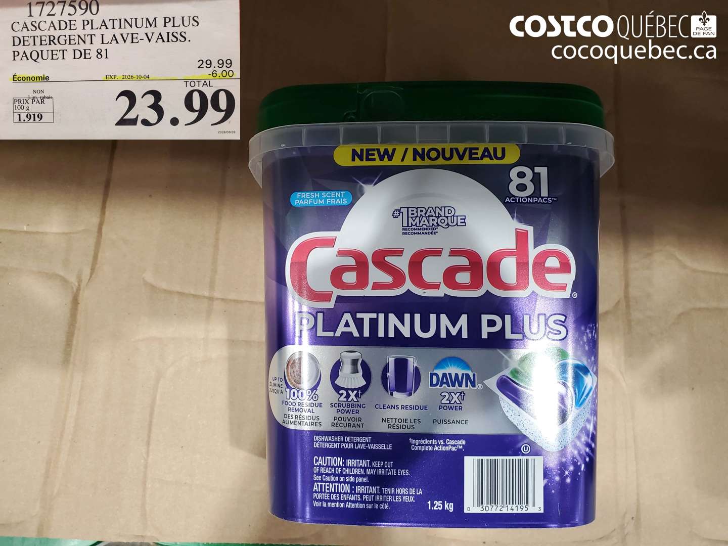 1727590 CASCADE PLATINUM PLUS DETERGENT LAVE-VAISS. PAQUET DE 81 ($6.00 INSTANT SAVINGS EXPIRES ON 2026-10-04) $23.99