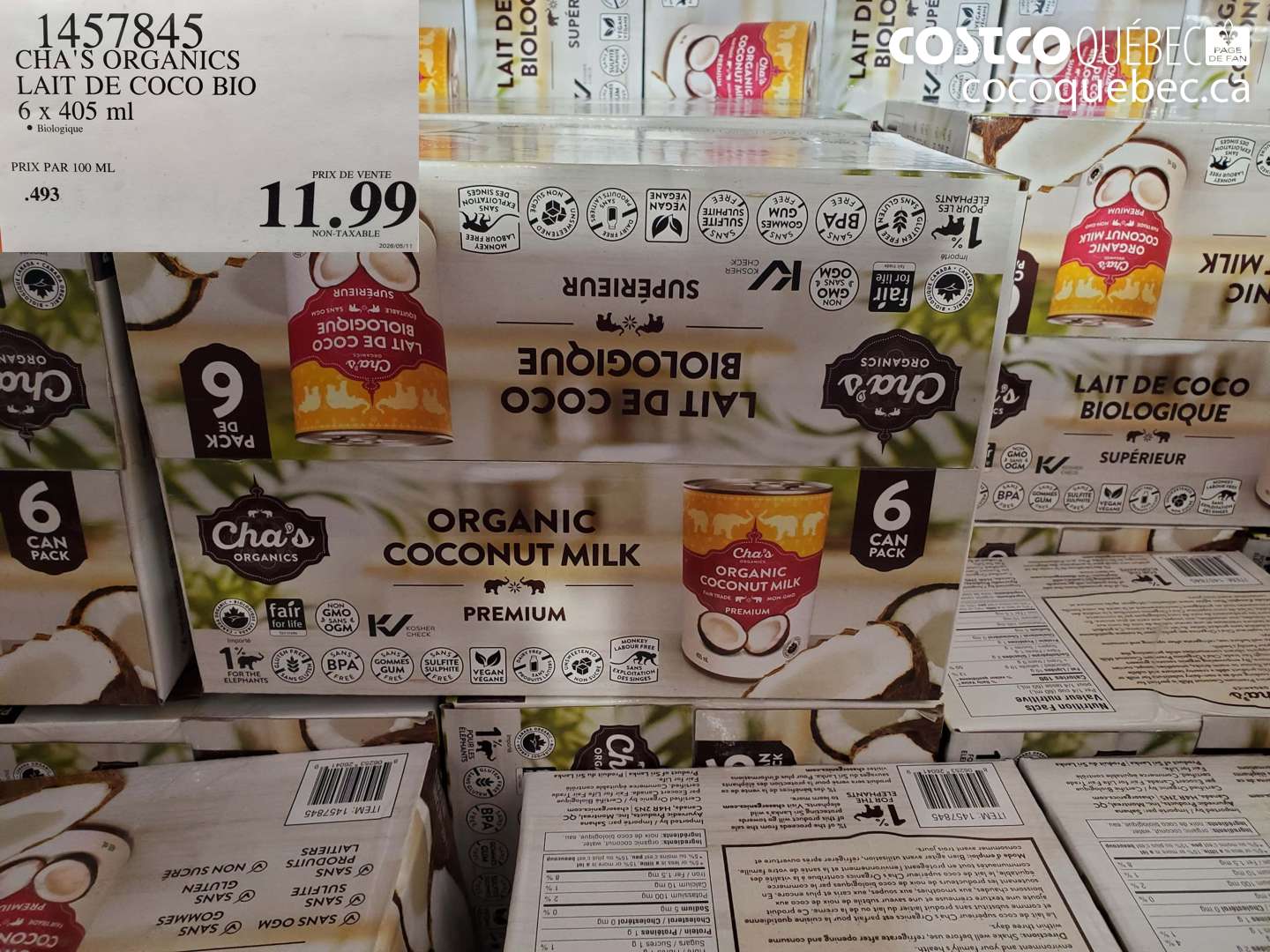 1457845 CHA'S ORGANICS LAIT DE COCO BIO 6 X 405 ML $11.99