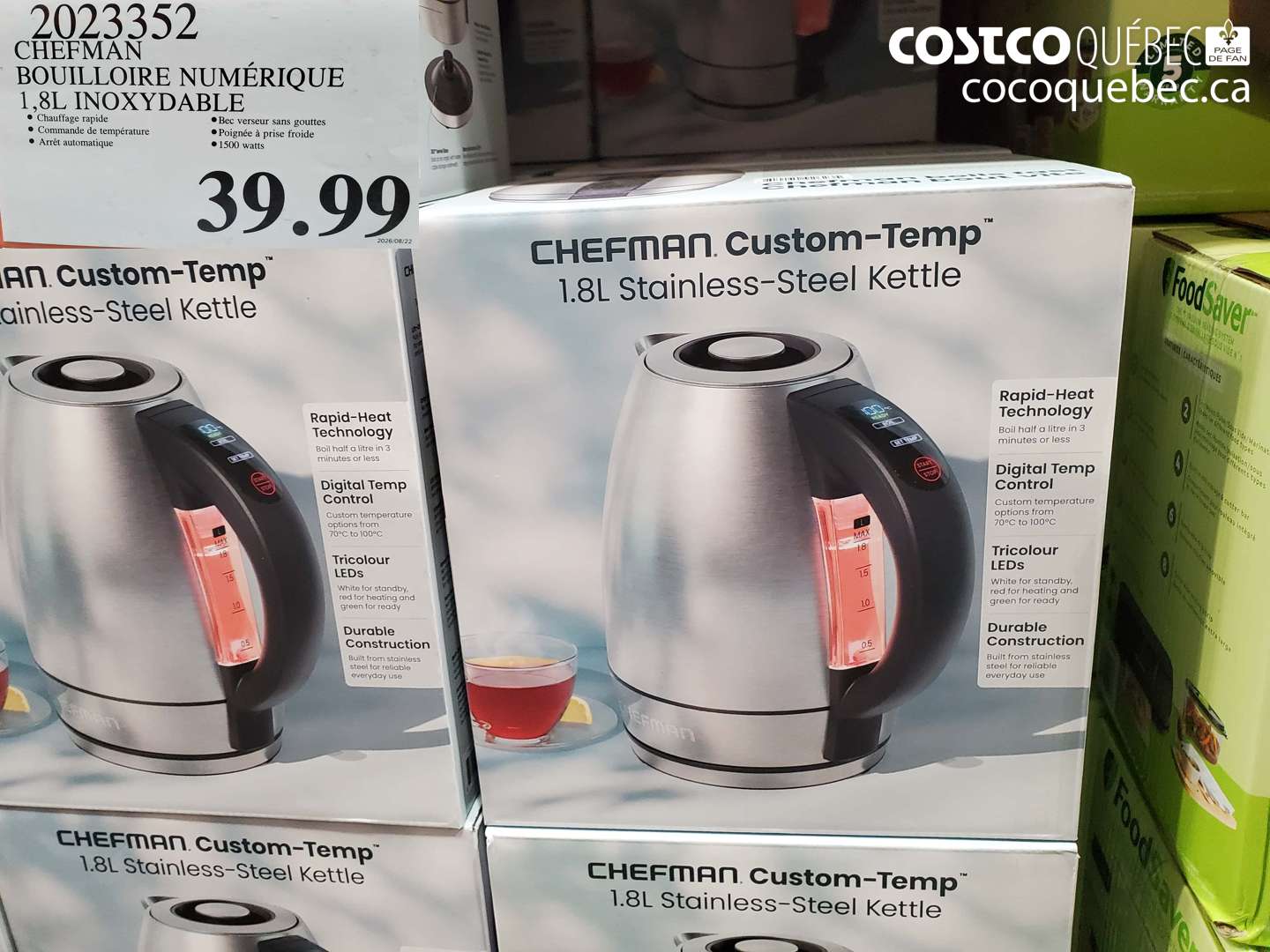 2023352 CHEFMAN BOUILLOIRE NUMÉRIQUE 1.8L INOXYDABLE $39.99