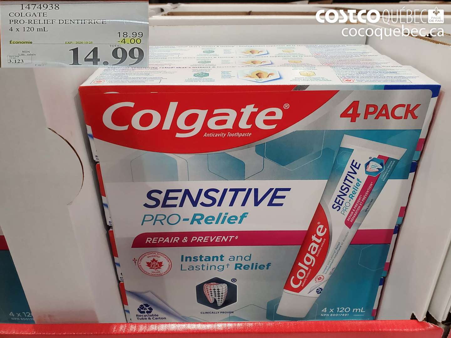 1474938 COLGATE PRO-RELIEF DENTIFRICE 4 X 120 ML ($4.00 INSTANT SAVINGS EXPIRES ON 2026-10-25) $14.99