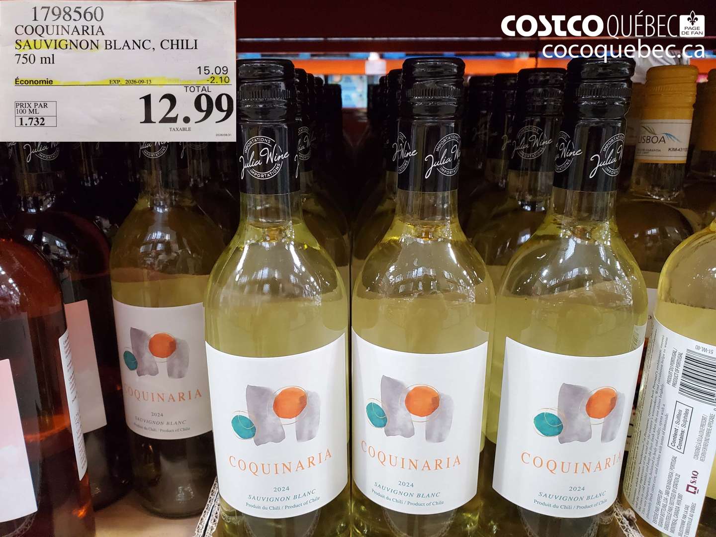 1798560 COQUINARIA SAUVIGNON BLANC, CHILI ($2.10 INSTANT SAVINGS EXPIRES ON 2026-09-13) $12.99