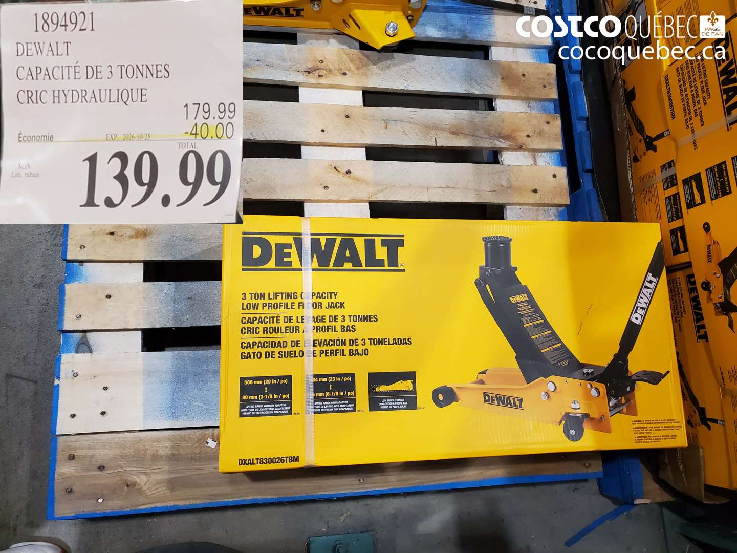 1894921 DEWALT CAPACITÉ DE 3 TONNES CRIC HYDRAULIQUE ($40.00 INSTANT SAVINGS EXPIRES ON 2026-10-25) $139.99