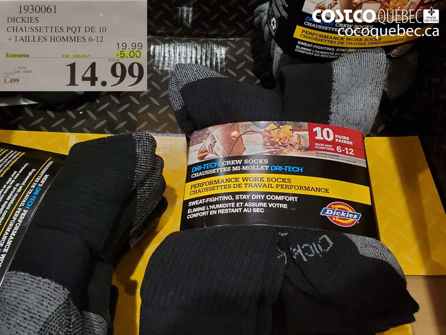 1930061 DICKIES CHAUSSETTES PQT DE 10 ($5.00 INSTANT SAVINGS EXPIRES ON 2026-09-27) $14.99