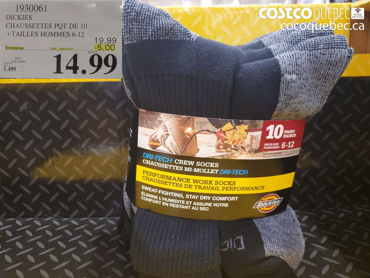 1930061 DICKIES CHAUSSETTES PQT DE 10 ($5.00 INSTANT SAVINGS EXPIRES ON 2026-09-27) $14.99