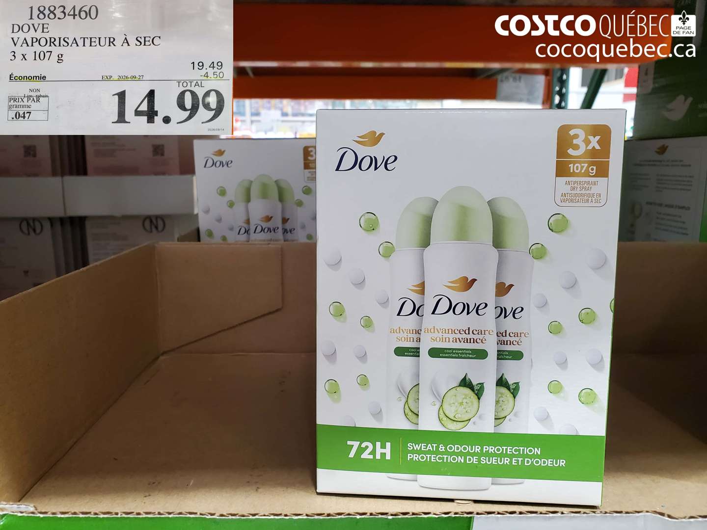 1883460 DOVE VAPORISATEUR À SEC 3 X 107 G ($4.50 INSTANT SAVINGS EXPIRES ON 2026-09-27) $14.99