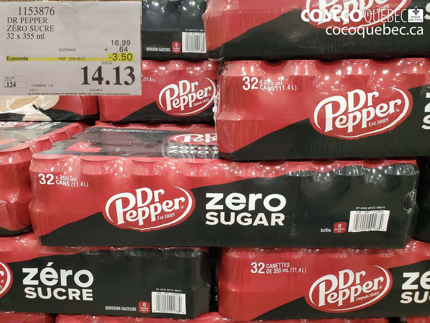 1153876 DR PEPPER ZÉRO SUCRE 32 X 355 ML ($3.50 INSTANT SAVINGS EXPIRES ON 2026-09-13) $14.13
