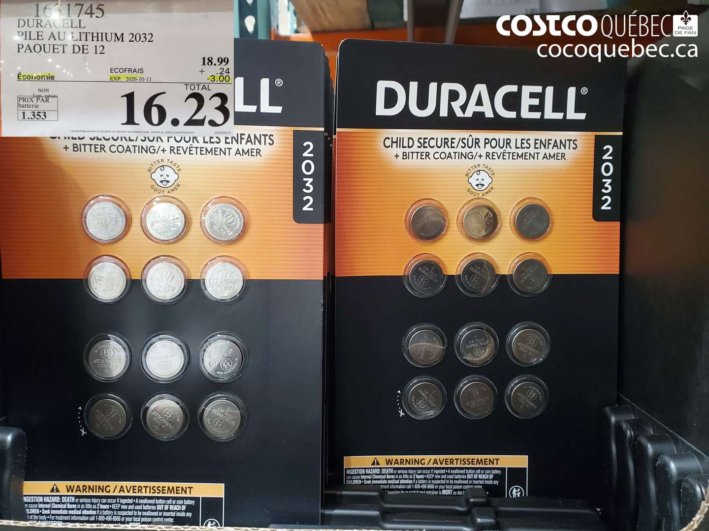 161745 DURACELL PILE AU LITHIUM 2032 PAQUET DE 12 ($3.00 INSTANT SAVINGS EXPIRES ON 2026-10-11) $16.23