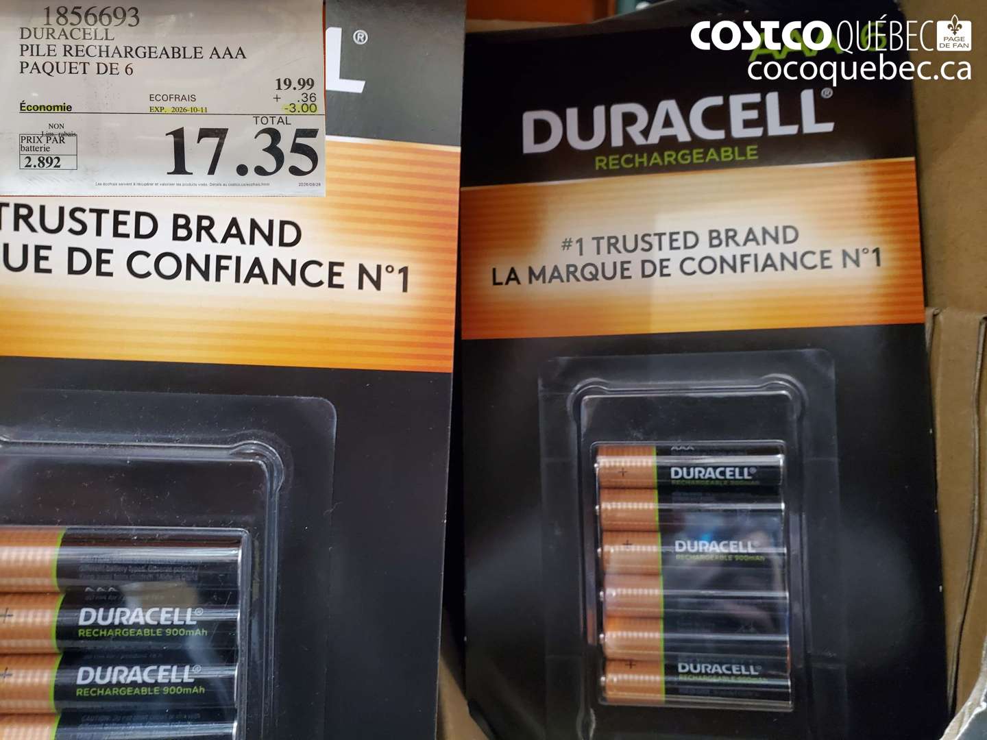 1856693 DURACELL PILE RECHARGEABLE AAA PAQUET DE 6 ($3.00 INSTANT SAVINGS EXPIRES ON 2026-10-11) $17.35