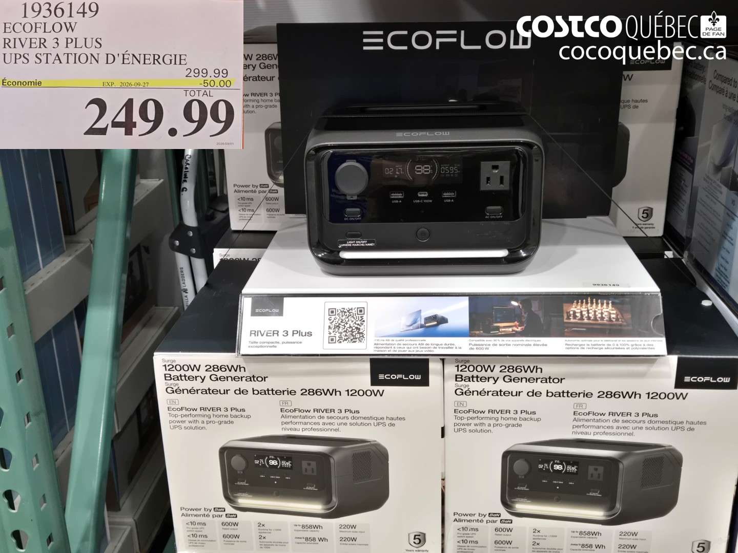 1936149 ECOFLOW RIVER 3 PLUS UPS STATION D'ÉNERGIE ($50.00 INSTANT SAVINGS EXPIRES ON 2026-09-27) $249.99