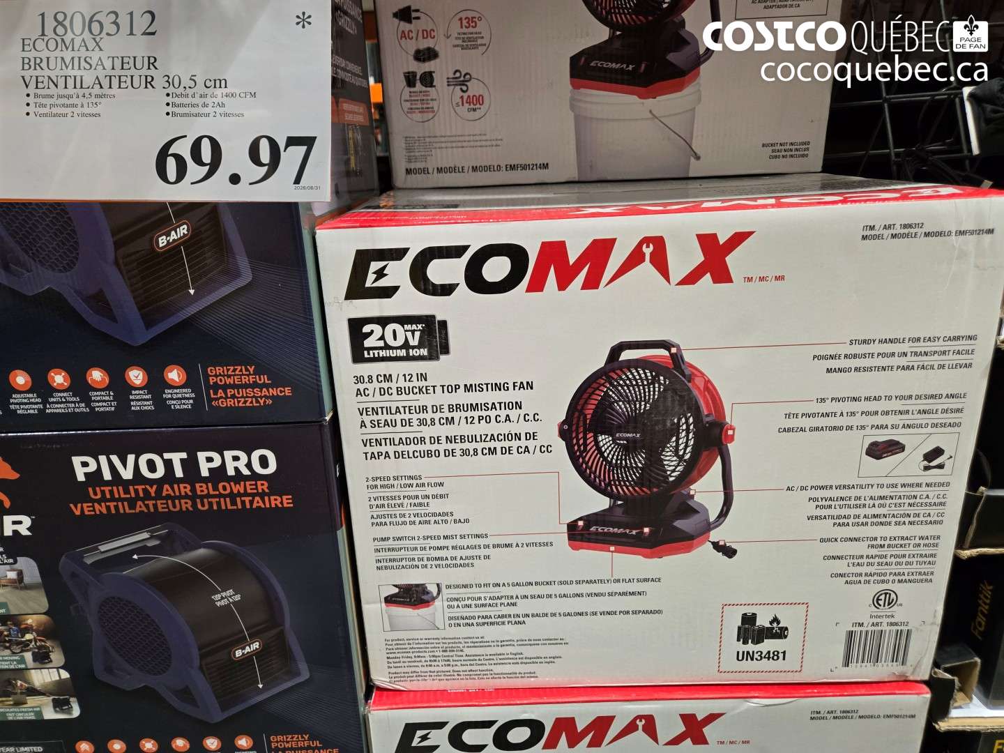 1806312 ECOMAX BRUMISATEUR VENTILATEUR 30.5 CM $69.97