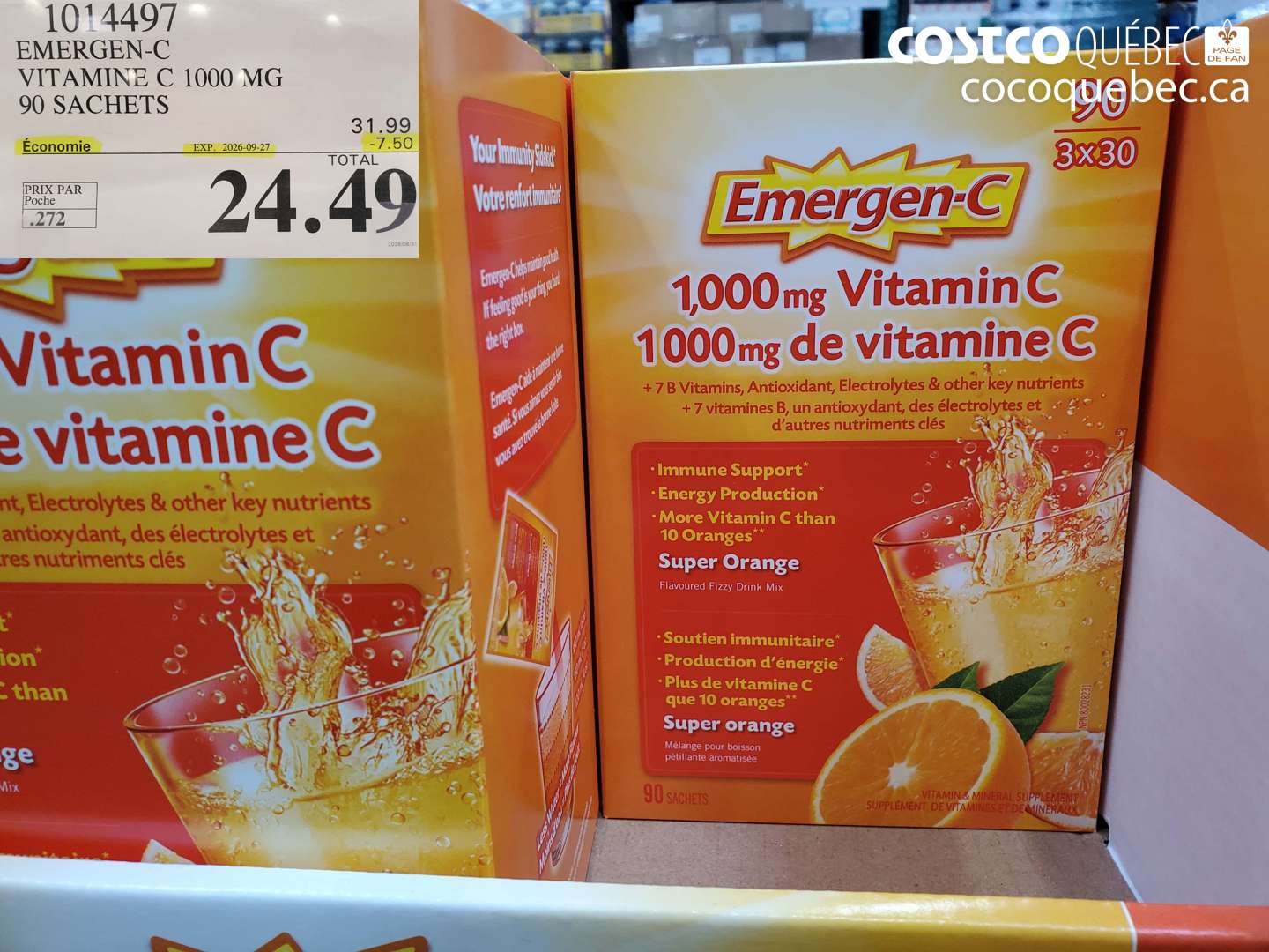 1014497 EMERGEN-C VITAMINE C 1000 MG 90 SACHETS ($7.50 INSTANT SAVINGS EXPIRES ON 2026-09-27) $24.49
