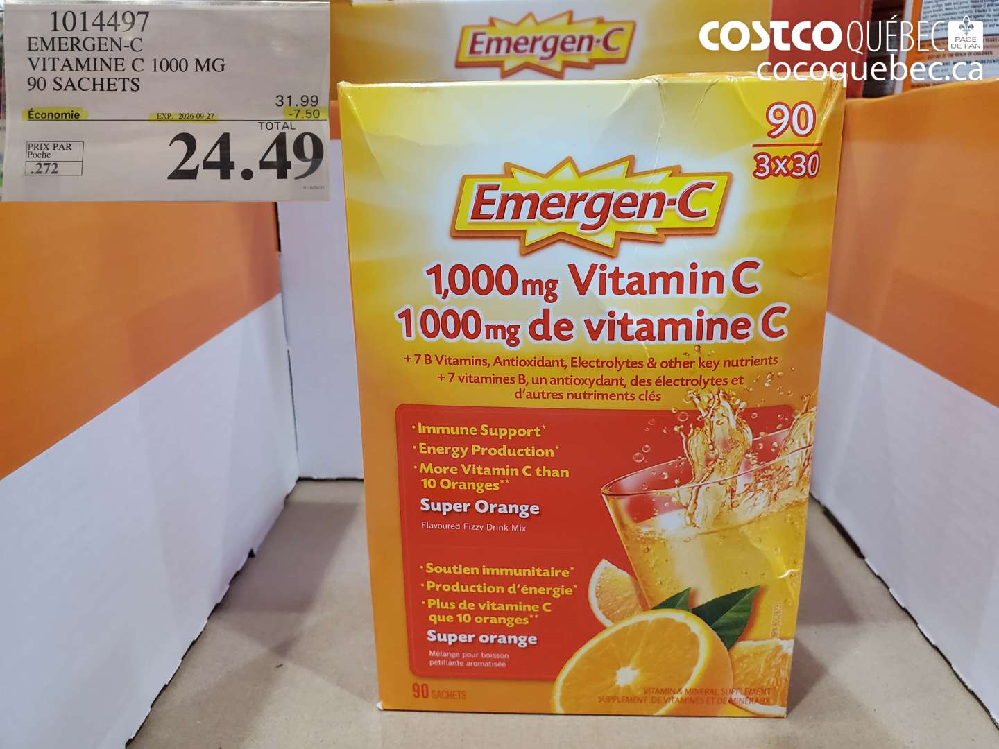 1014497 EMERGEN-C VITAMINE C 1000 MG 90 SACHETS ($7.50 INSTANT SAVINGS EXPIRES ON 2026-09-27) $24.49