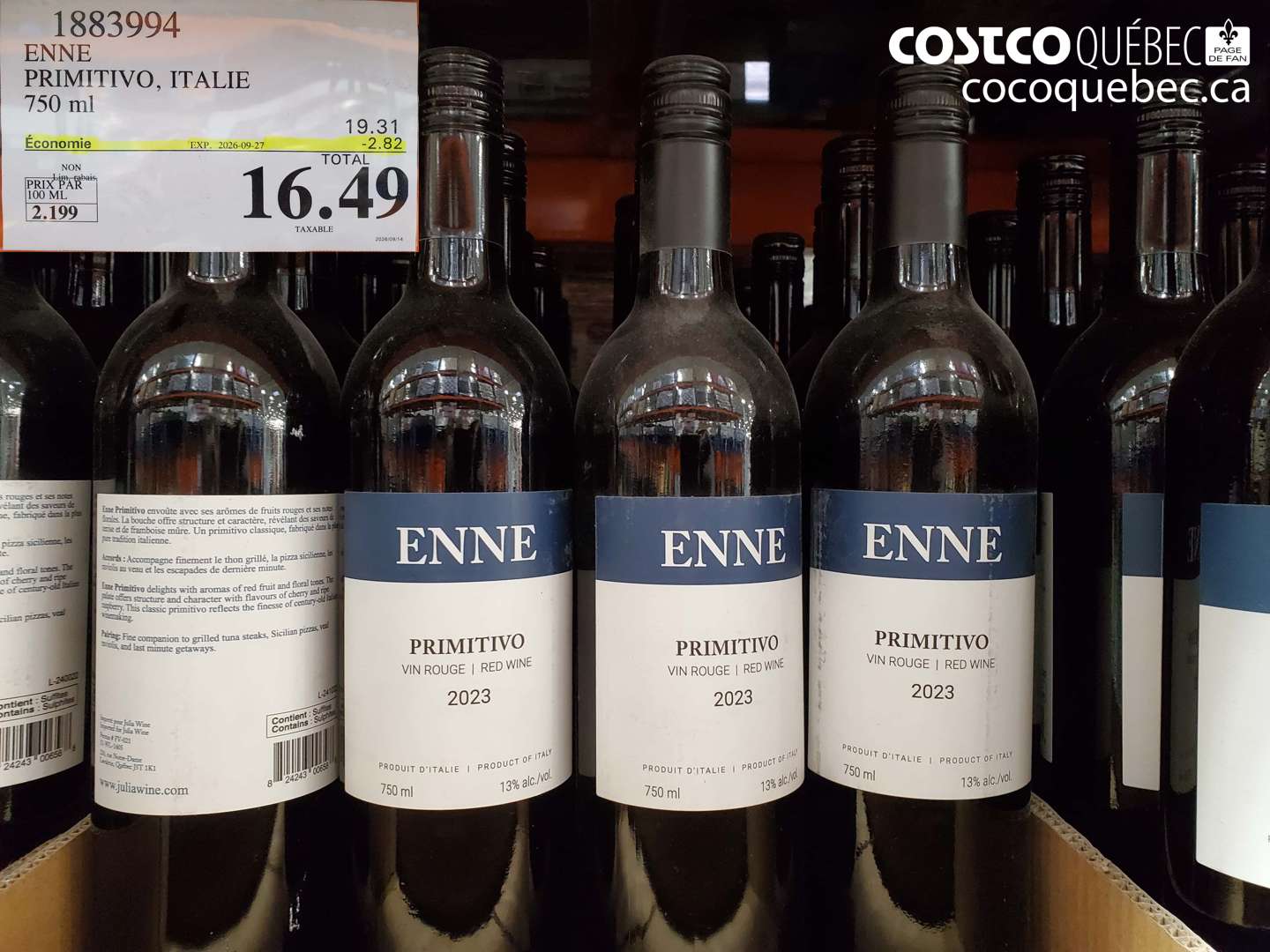 1883994 ENNE PRIMITIVO, ITALIE 750 ML ($2.82 INSTANT SAVINGS EXPIRES ON 2026-09-27) $16.49