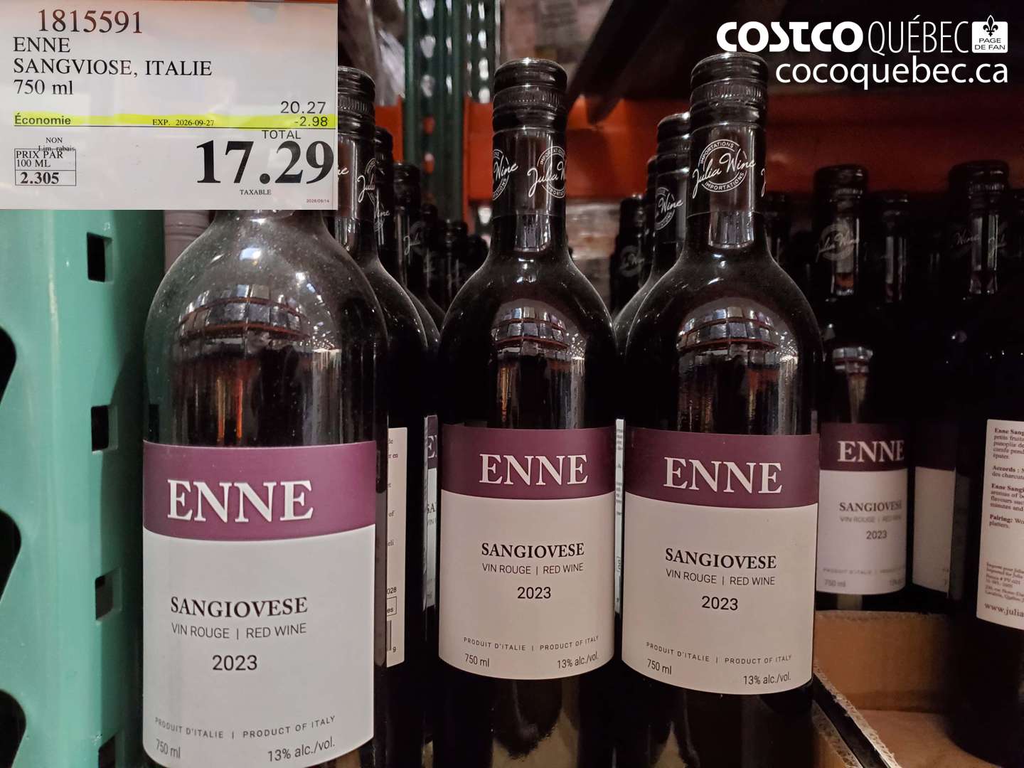 1815591 ENNE SANGVIOSE, ITALIE 750 ML ($2.98 INSTANT SAVINGS EXPIRES ON 2026-09-27) $17.29